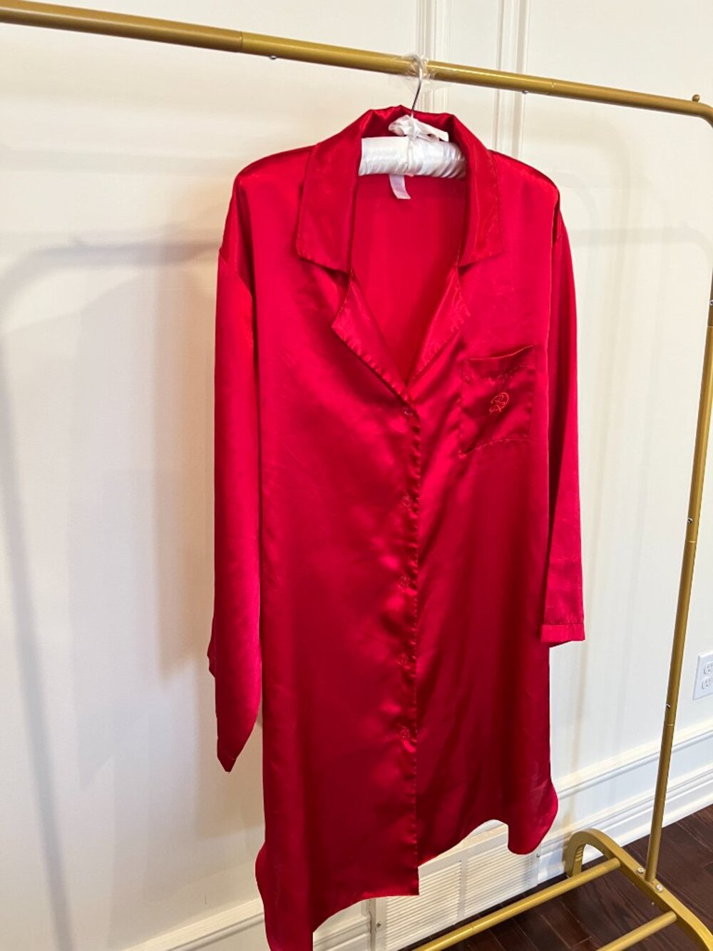 Oscar de la Renta Pink Label Red Satin Sleep Shirt Lounge Dress 1X Dark Glam - Picture 5 of 8